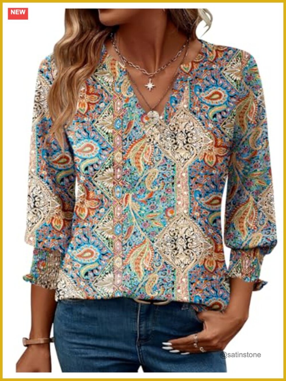 Womens 3/4 Sleeve Ruffle Cuff V-Neck Blouse Business Casual Floral Tunic Top